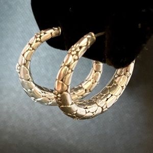 Intricate Artisan Sterling Silver Hoop Earrings, Hinged Clasp